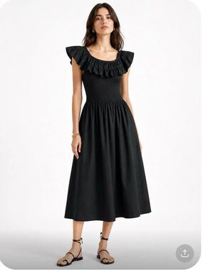 HILL HOUSE The Nap Dress Black Cotton Ruffle Off-Shoulder Smocked Midi Size XS
